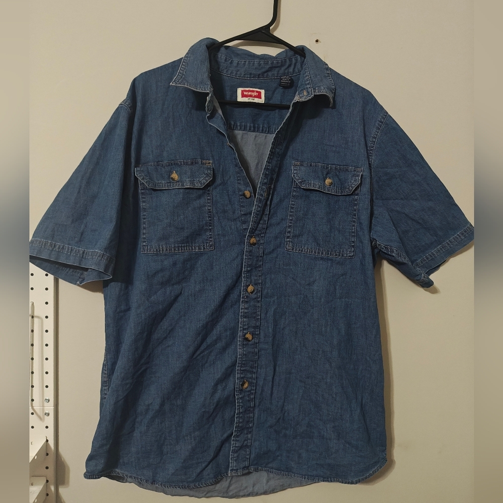 Wrangler Denim Work Shirt Mens L Blue Comfort Flex Americana Rancher Cowboy